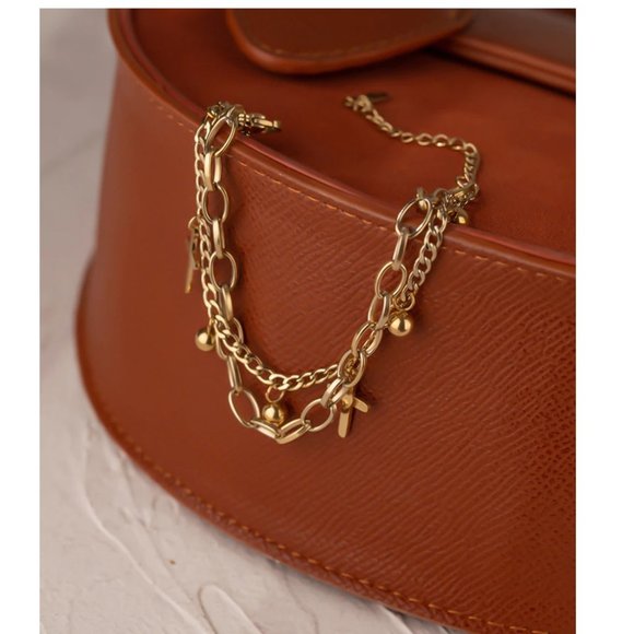 NEW 18K Gold Plated Cross Bead Link Chain Double Layer Bracelet - Picture 5 of 6